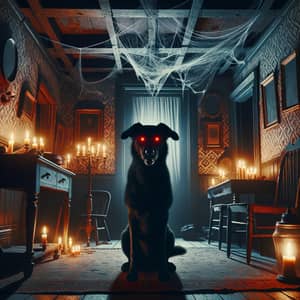 Eerie Haunted House with Black Dog and Red Eyes