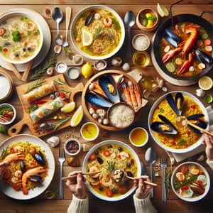 Delicious Quick Meals: Chicken Noodle Soup, Spring Rolls, Seafood Paella