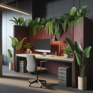 Office Workstation Setup with Dark Red Felt Acoustic Screen