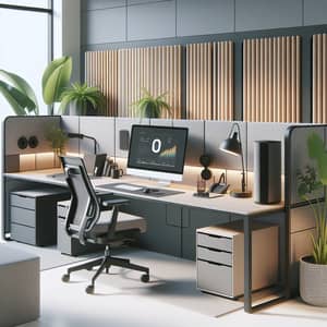 Modern Office Workstation with Acoustic Screen and Tropical Plants