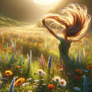 Sunlit Meadow with Wildflowers: Joyful Young Girl Playing