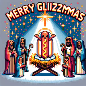 Merry Glizzmas: Pixel Art Nativity Scene with Charming Hotdog Characters