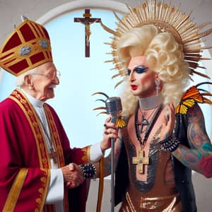 Religious Figure Engages with Flamboyantly Dressed Singer