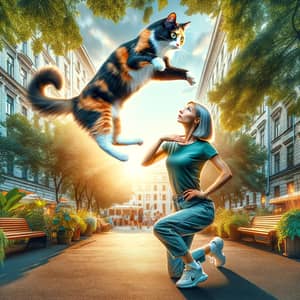 Graceful Calico Cat Leaping Above Woman in City Park