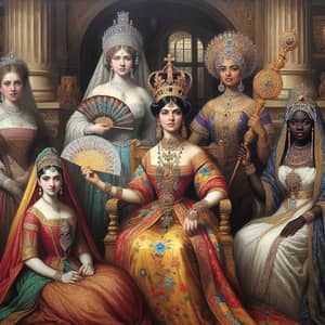 Historical Queens Painting - Diverse Royalty Depicted in Ornate Attire