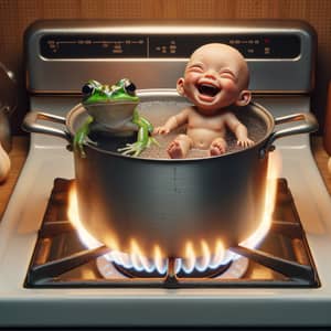 Joyful Frog and Person Escaping Boiling Pan on Stove