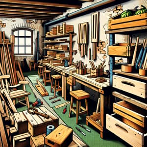 Carpenter's Workshop in Comic Book Style | Wooden Artefacts