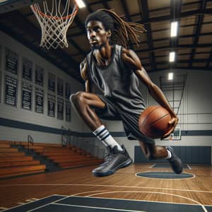 Dynamic African American Basketball Player Dunking in High School Gym