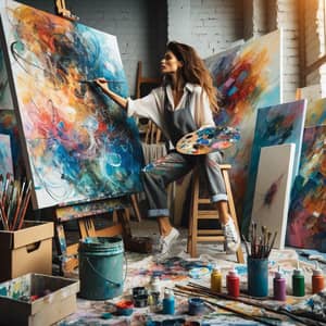 Caucasian Woman Abstract Painter in Vibrant Art Studio