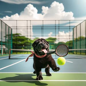 Black Sharpei Dog Playing Tennis - Fun Outdoor Scene