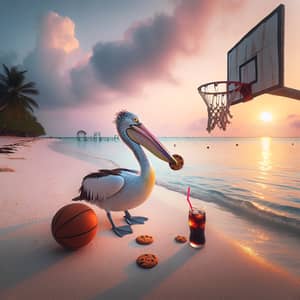 Pelican Playing Basketball on Beach with Cola and Cookies