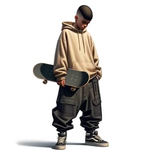 Detailed 3D Animation of Young Boy with Taper Fade Hairstyle and Skateboard