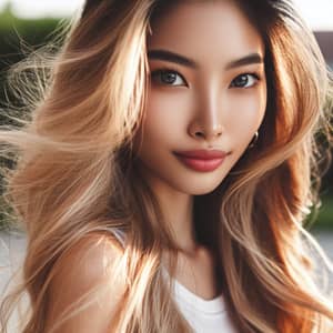 Serene East Asian Woman with Lustrous Blonde Hair | Outdoor Portrait