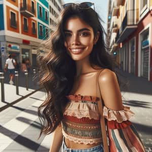 Young Hispanic Woman Walking in Urban Setting | Trendy Summer Outfit