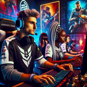 Intense Competitive Esports Gaming Scene with Distinctive Characters