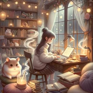 Enchanting Scene of Teenage Girl Studying in Cozy Room