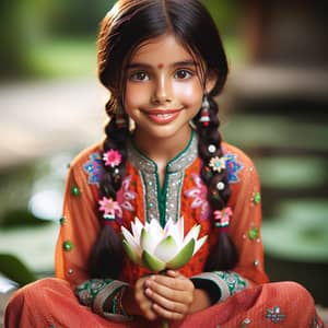 Young Indian Girl in Vibrant Outfit Holding Lotus Flower