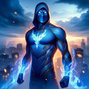 Blue Fire Superhero in Vibrant Suit | Cityscape Dramatic Scene