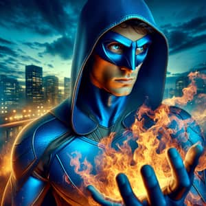 Blue Fire Superhero | Captivating Masked Crusader in Twilight Cityscape