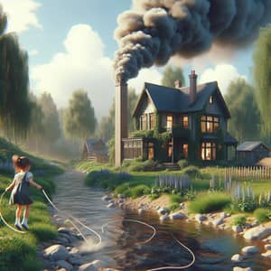 Serene Scene of House with Smoke, Stream, and Skipping Girl