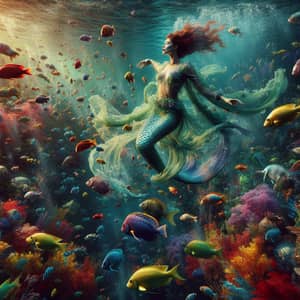 Surreal Underwater Mermaid Scene with Colorful Fish