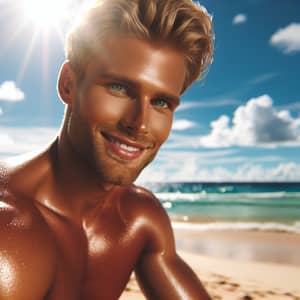 Sunny Beach Scene: Muscular Man Enjoying Vibrant Summer Day