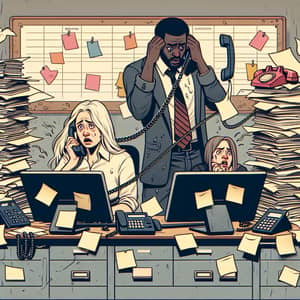 Office Chaos: Stressed Woman and Man Surrounded by Piles of Papers