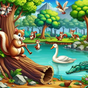 Enchanting Forest Scene with Squirrels and Musical Squirrel Flutist