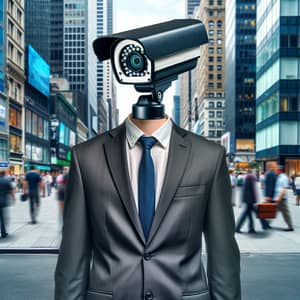 Surreal Businessman CCTV Camera Head | City Street Scene
