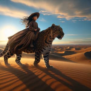 Girl Riding Leopard in Golden Desert - Majestic Journey