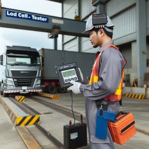 Technician Testing Truck Weighing Scale with Load Cell Tester LCT-Ultimate