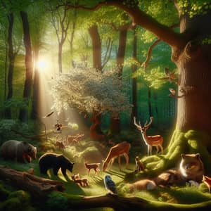 Tranquil Forest Scene: Deer, Fox, Bear & Owls Coexisting