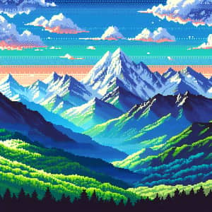 Vibrant Pixel Art Landscape with Majestic Mountains and Sky