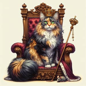 Regal Queen Cat on Throne with Multicolored Fur Pattern