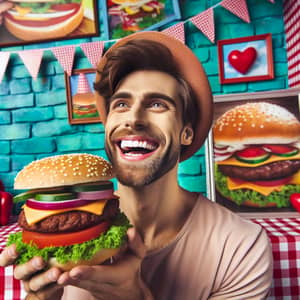 Caucasian Man Enjoying Tasty Hamburger in Vibrant Atmosphere