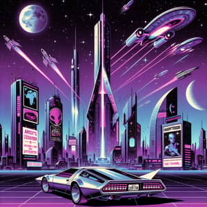 Retro-Futuristic Sci-Fi Scene with Hovering Car & Spaceships