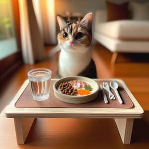 Calico Cat Enjoying Gourmet Dinner at Tiny Table
