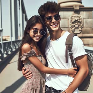 Hispanic Boy and Girl Hugging on Bridge with Pillar Background