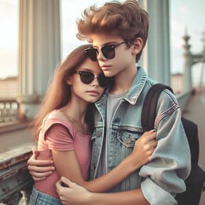 Boy and Girl Embracing on Bridge - Romantic Scene