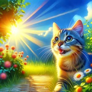 Playful Tabby Cat in Sunny Garden - Digital Painting with Whimsical Touch