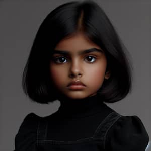 Brooding South Asian Girl in Black Ensemble with Short Hair