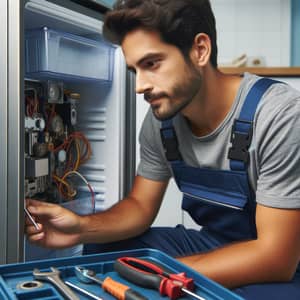 Hispanic Refrigeration Repair Technician Fixing Refrigerator