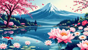 Japanese Landscape with Lotus Flowers and Koi
