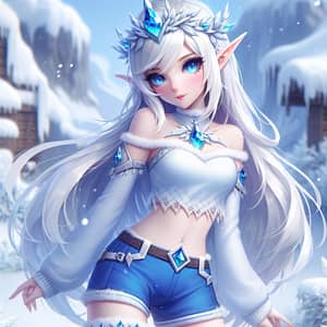 STALCRAFT Winter Character: Ethereal Female in Blue, Snowy Landscape