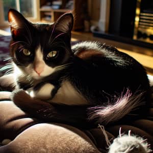Midnight Black and White Domestic Cat on Plush Velvet Cushion