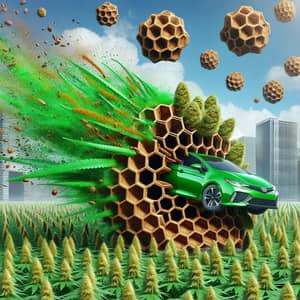 Green Car Emerging from Brown Honeycomb Structure in Green Hemp Field