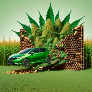 Green Car Bursting Out of Brown Honeycomb Patterned Wall