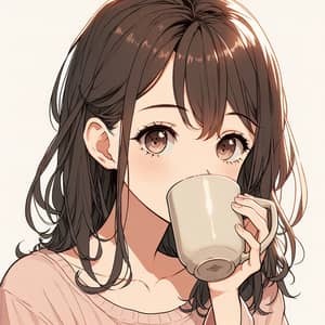 Anime-Style Illustration of Young Woman Sipping Coffee