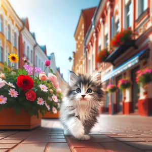 Adorable Kitten Frolicking Among Flowers on City Street