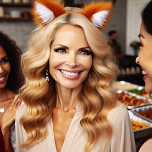 Beautiful Adult Girl with Blond Wavy Hair and Red Fox Ears